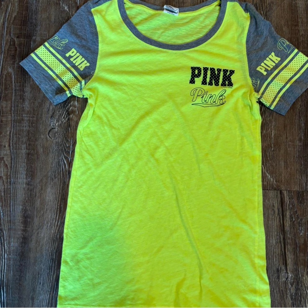 PINK Victoria's Secret Neon Yellow and Gray Short Sleeve Tee